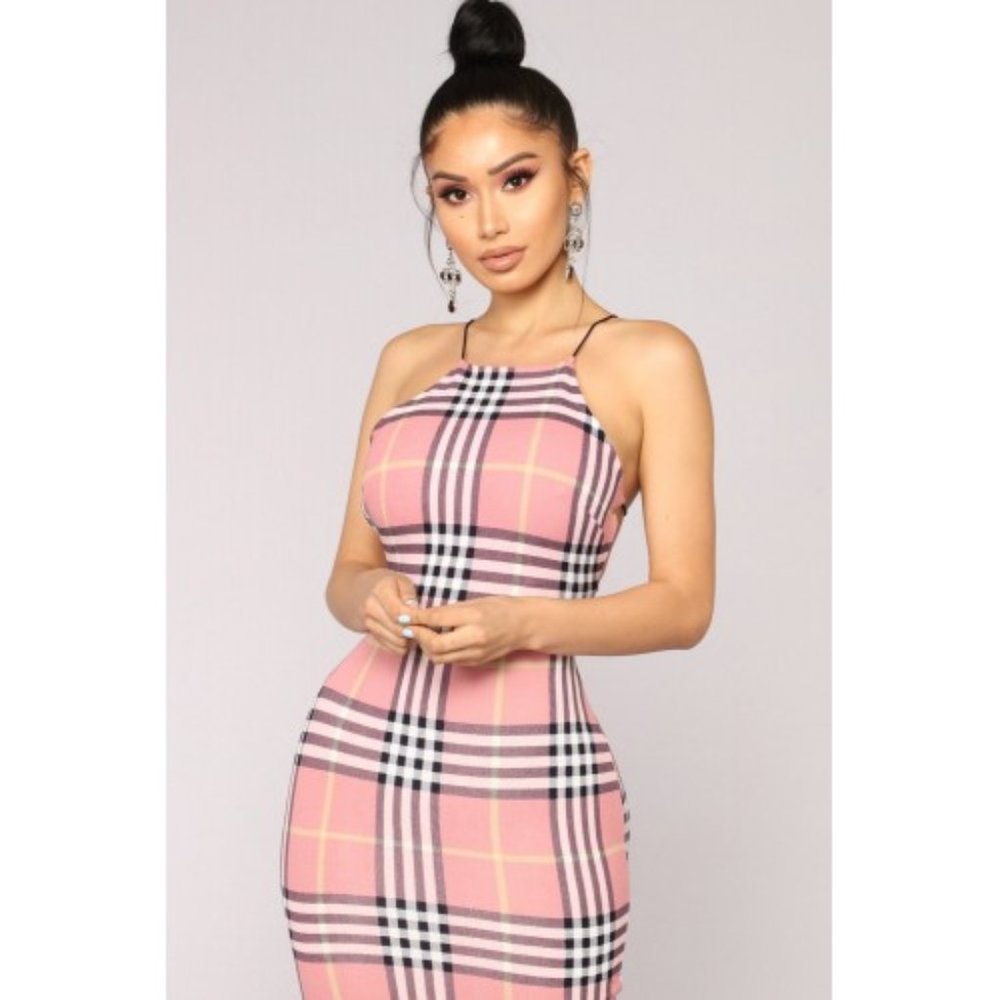 Fashion Nova Plaid Pink Midi Dress